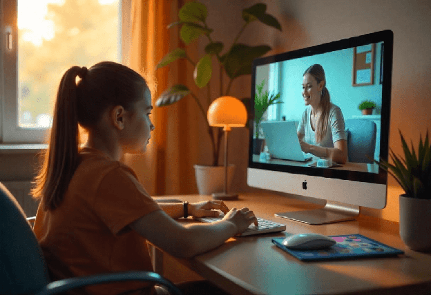 Kids participating in a virtual coding session, interacting with an instructor virtually in a bright living room and the instructor on the otherside of the screen, guiding and instructing their coding class.