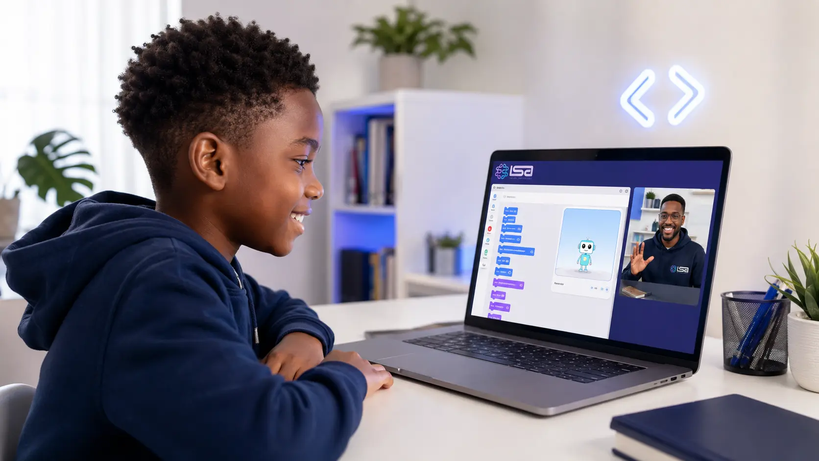 Child attending a live free coding class with an Imagine STEM Academy instructor