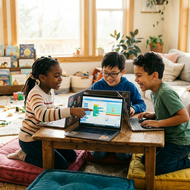 Children collaborating on laptops together