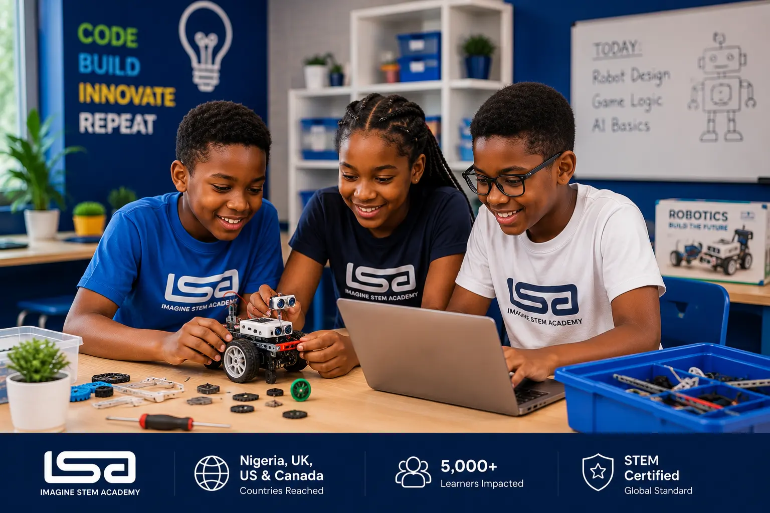 Children collaborating on robotics and game development