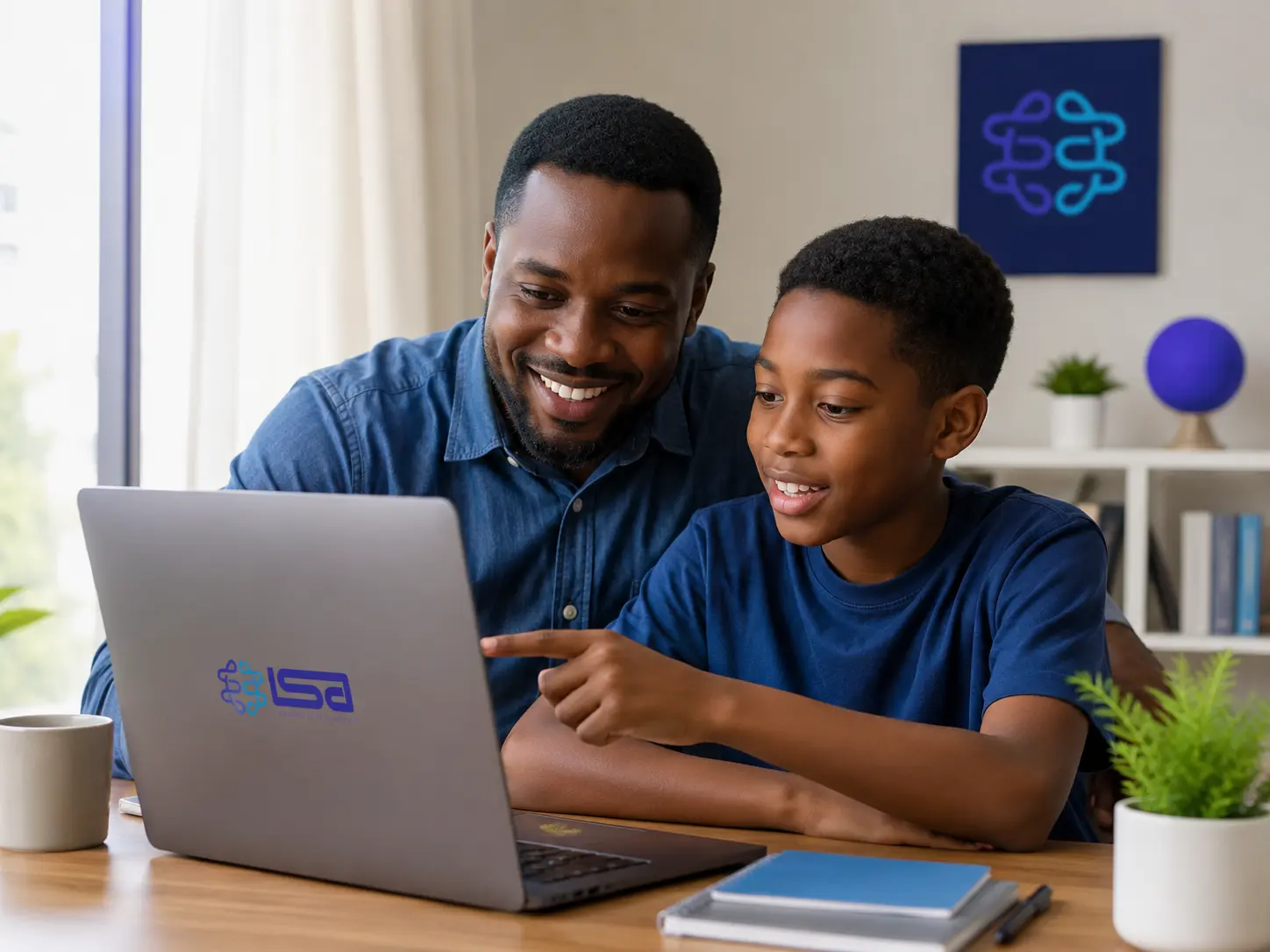 Parent and child reviewing a completed coding project together on a laptop